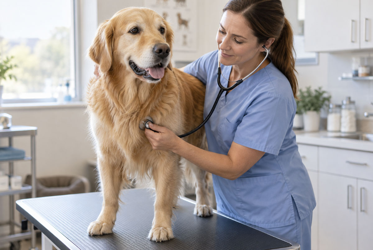 Veterinár vyšetruje psa s tráviacimi ťažkosťami.